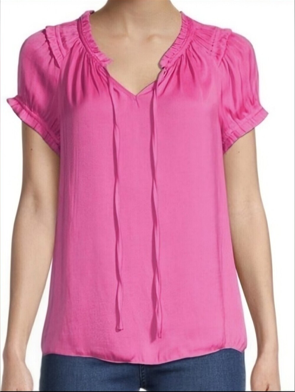 Catherine Malandrino Bright Pink Split Neck Puff Sleeve Blouse Size M